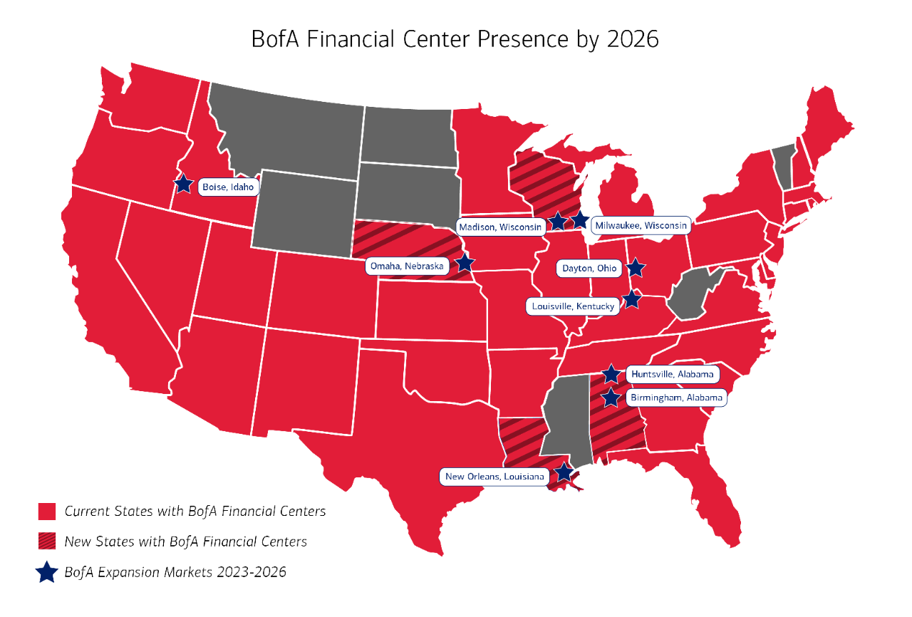 Map of the contiguous United States titled “BofA Financial Center Presence by 2026”.