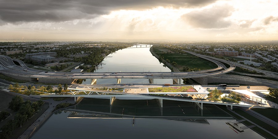 Aerial shot of the future 11th Street Bridge spanning the Anacostia River, D.C.’s first elevated public park. Photo coutesy of OMA+OLIN.