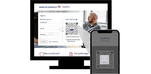 With their mobile device, a user scans the QR code that is presented on the Online screen, after which the user scans their biometrics to log in.