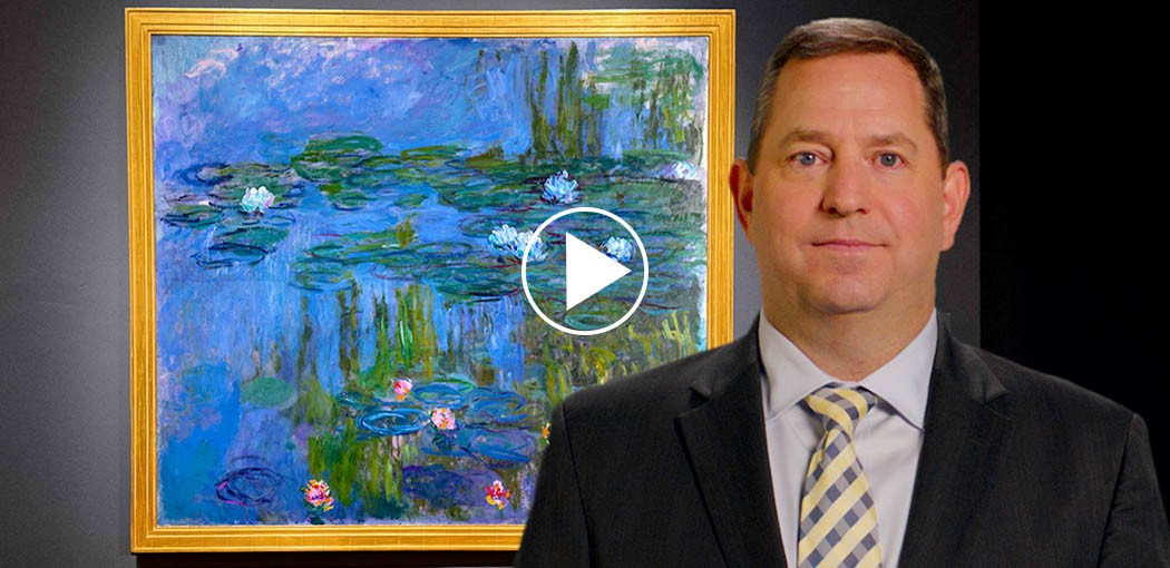 Brian Siegel, Bank of America Global Arts, Culture & Heritage Executive standing in front of the painting Waterlilies, 1914–15 by Claude Monet. Click on image to play the video.